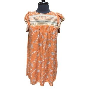 Entro Cara Babydoll Dress Size M Orange Floral Ruffle Sleeve Boho Summer Dress